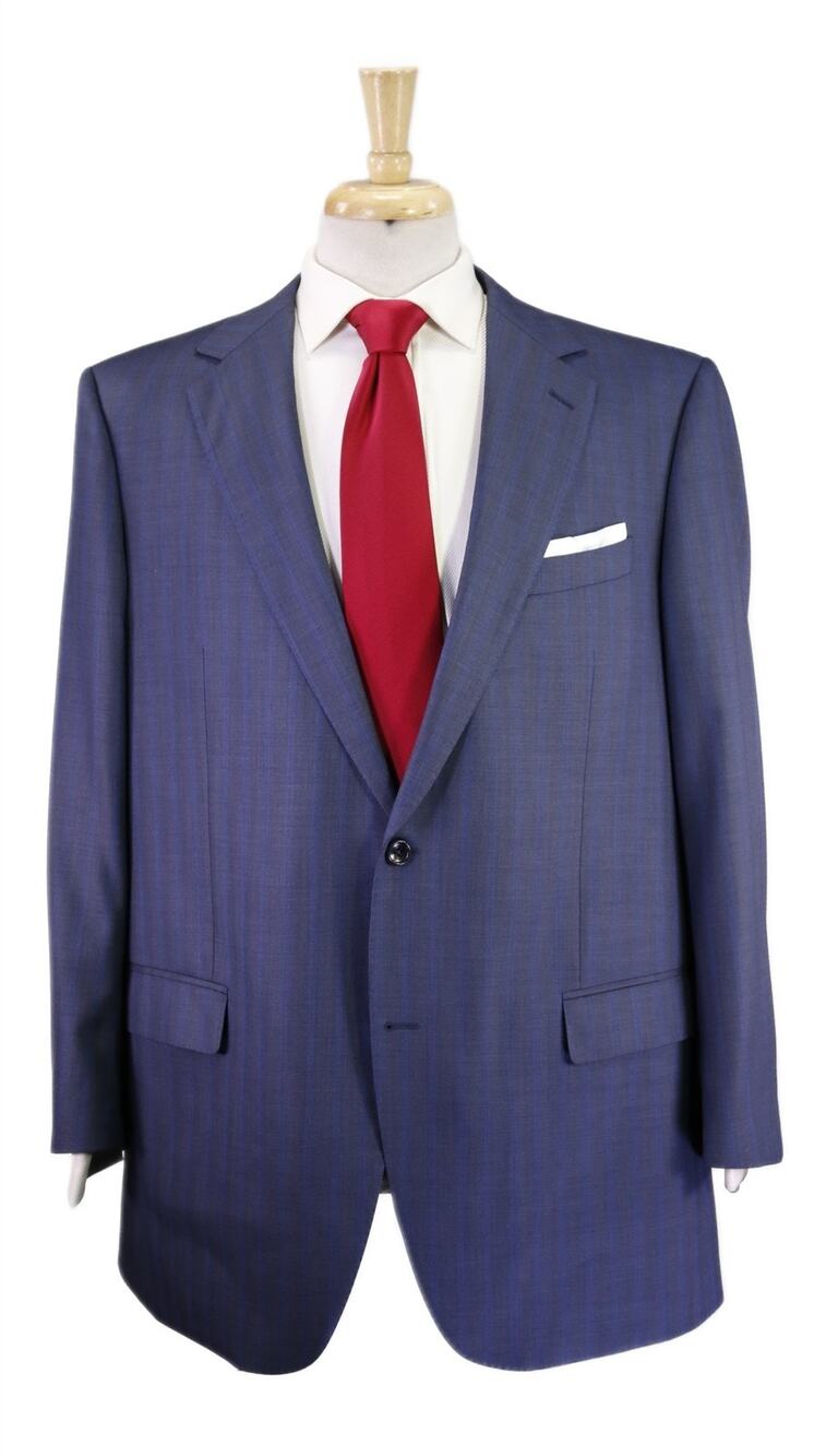 Custom Tailored Bespoke Blue Gray Striped Herringbone 2-Btn Wool Suit 46R